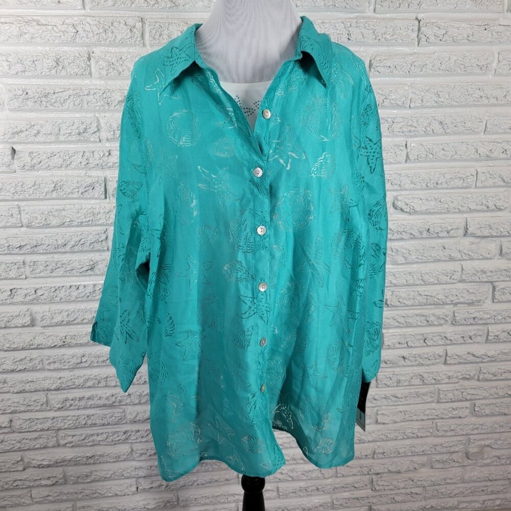 Alfred Dunner Womens Top 2X Plus Blue 3/4 Sleeve Studded Collared Button BLU146E